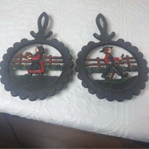 Pair (2) Vintage Dalecraft Painted Cast Iron Trivets Amish Man/Woman